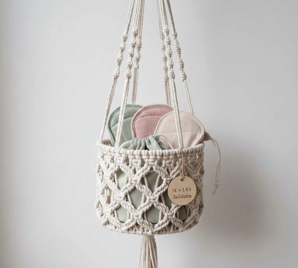 Photographie en gros plan d'un panier en osier tressé contenant plusieurs protections menstruelles lavables en tissu éponge beige et coton doux.