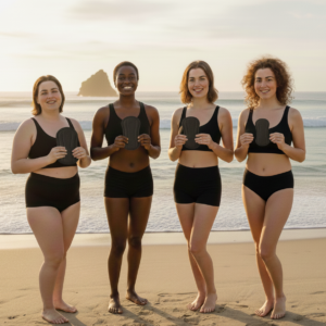 4 femmes qui portes nos sous vêtements menstruels avec les pads dans la mains