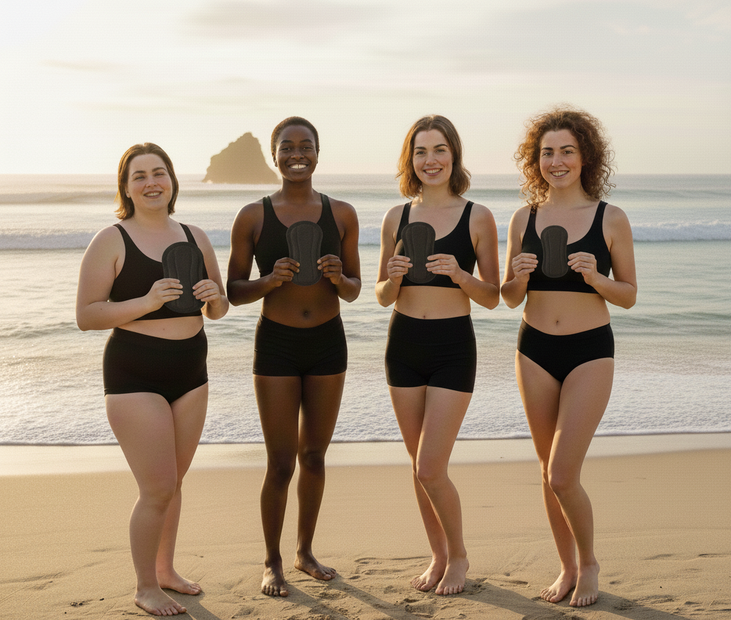 4 femmes qui portes nos sous vêtements menstruels avec les pads dans la mains