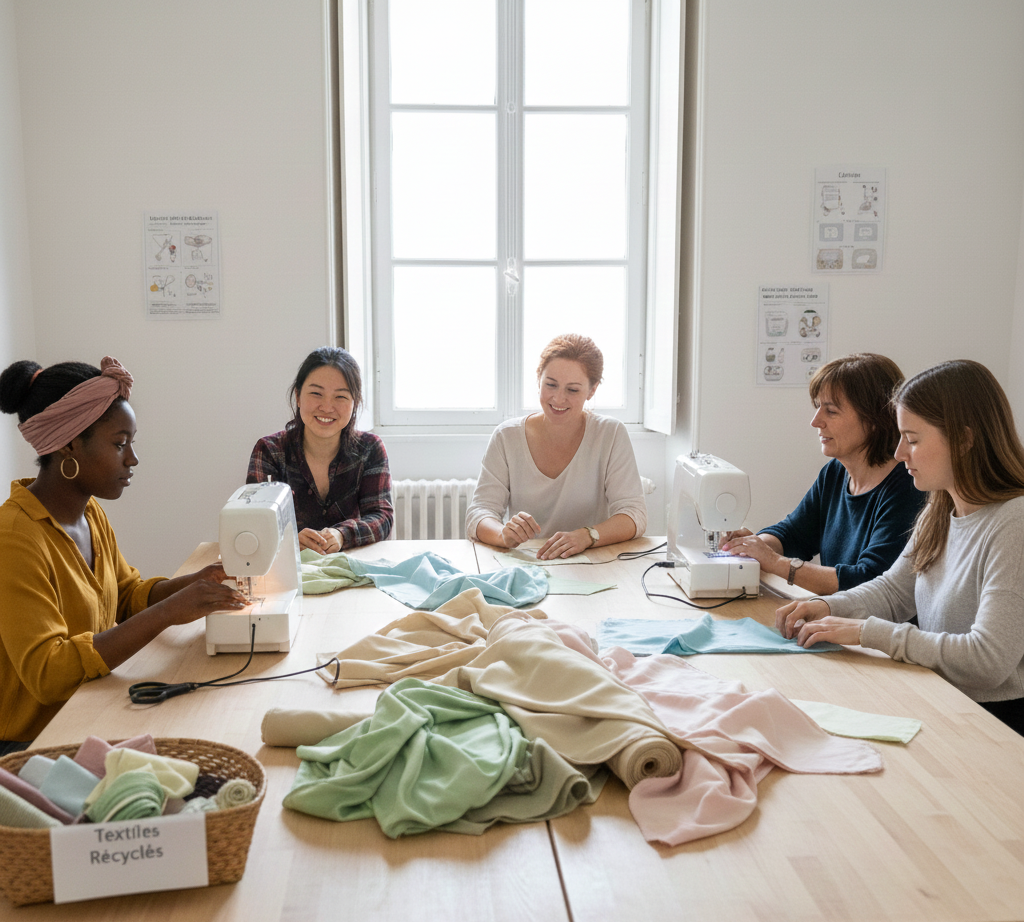 Cinq femmes réunies autour d'une grande table en bois dans un atelier lumineux pour coudre des protections avec des textiles recyclés, illustrant la dimension solidaire, nos ateliers pédagogiques et la création d'une solution durable chez Cycléaa.