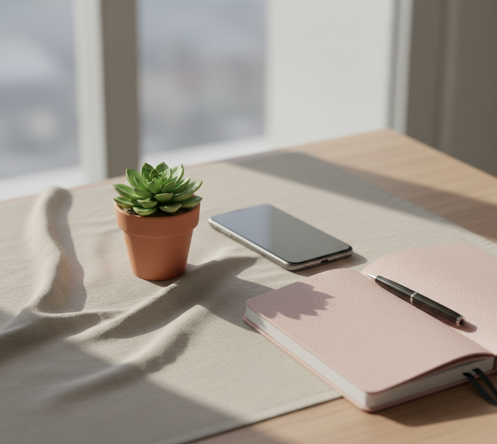 Vue de dessus d'un bureau épuré avec un carnet rose ouvert, un stylo, un smartphone et une plante, symbolisant la prise de contact avec Cycléaa.