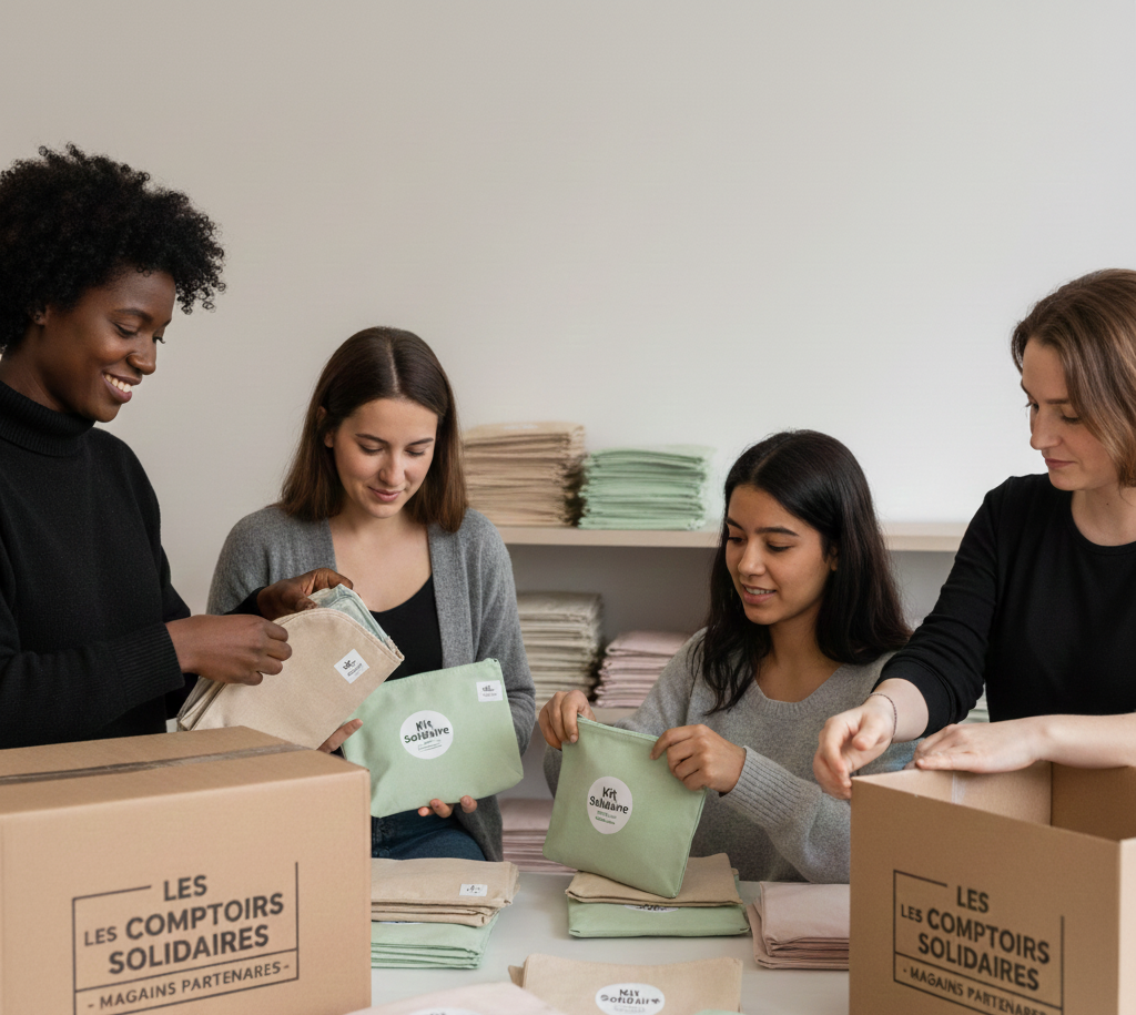 Quatre femmes souriantes préparant des kits menstruels pour association avec des pochettes marquées "Kit Solidaire", illustrant la distribution de protections menstruelles et l'engagement solidaire de Cycléaa.
