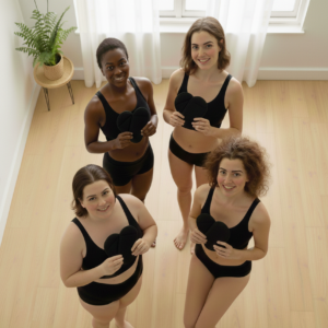 4 femmes qui portes nos sous vêtements menstruels avec trois pads dans la mains
