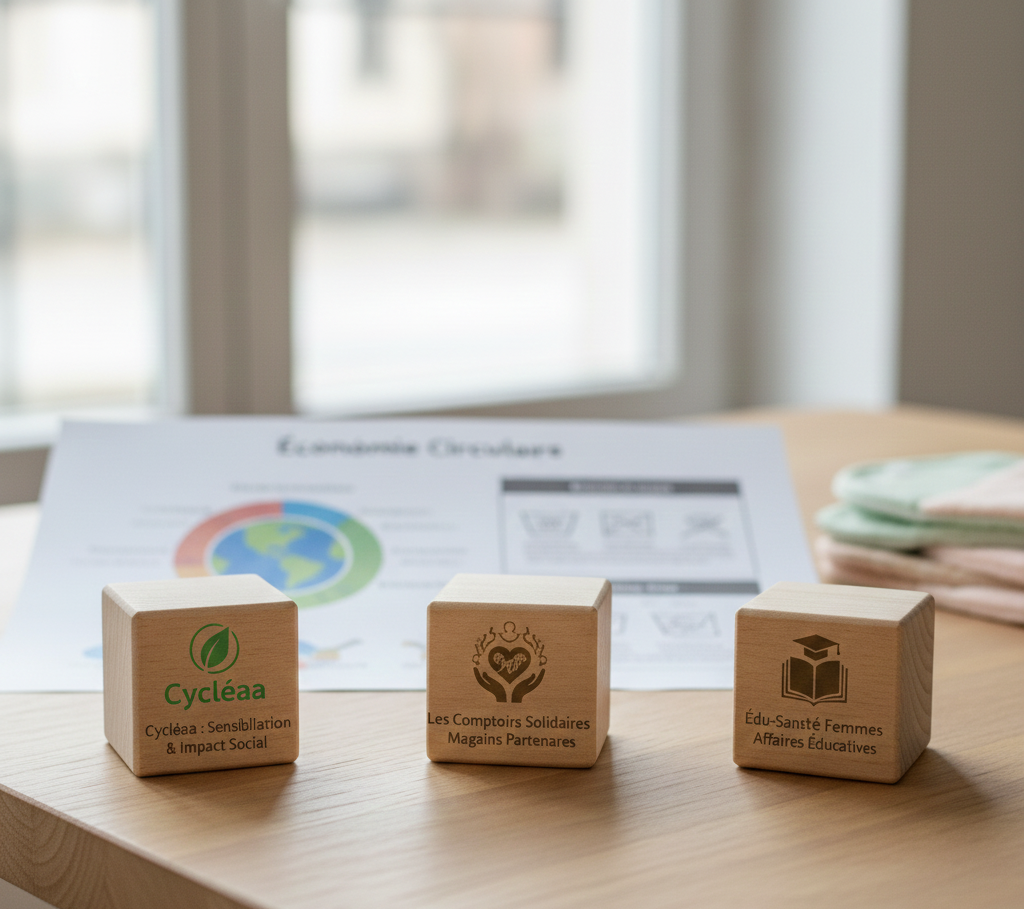 Trois cubes en bois posés sur une table présentant Cycléaa, des Comptoirs Solidaires et d'Édu-Santé Femmes, illustrant notre réseau de partenaires pour la lutte contre la précarité menstruelle et la distribution de protections menstruelles.