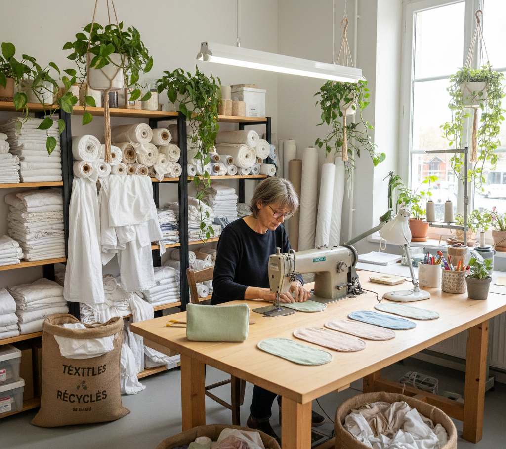 Une couturière travaillant dans un atelier lumineux sur une machine à coudre, entourée de rouleaux de tissus blancs et de sacs marqués "Textiles Recyclés", illustrant la fabrication artisanale d'une alternative écologique menstruelle.